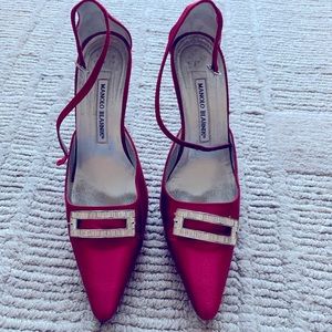 Red satin Manolo Blahnik stilettos